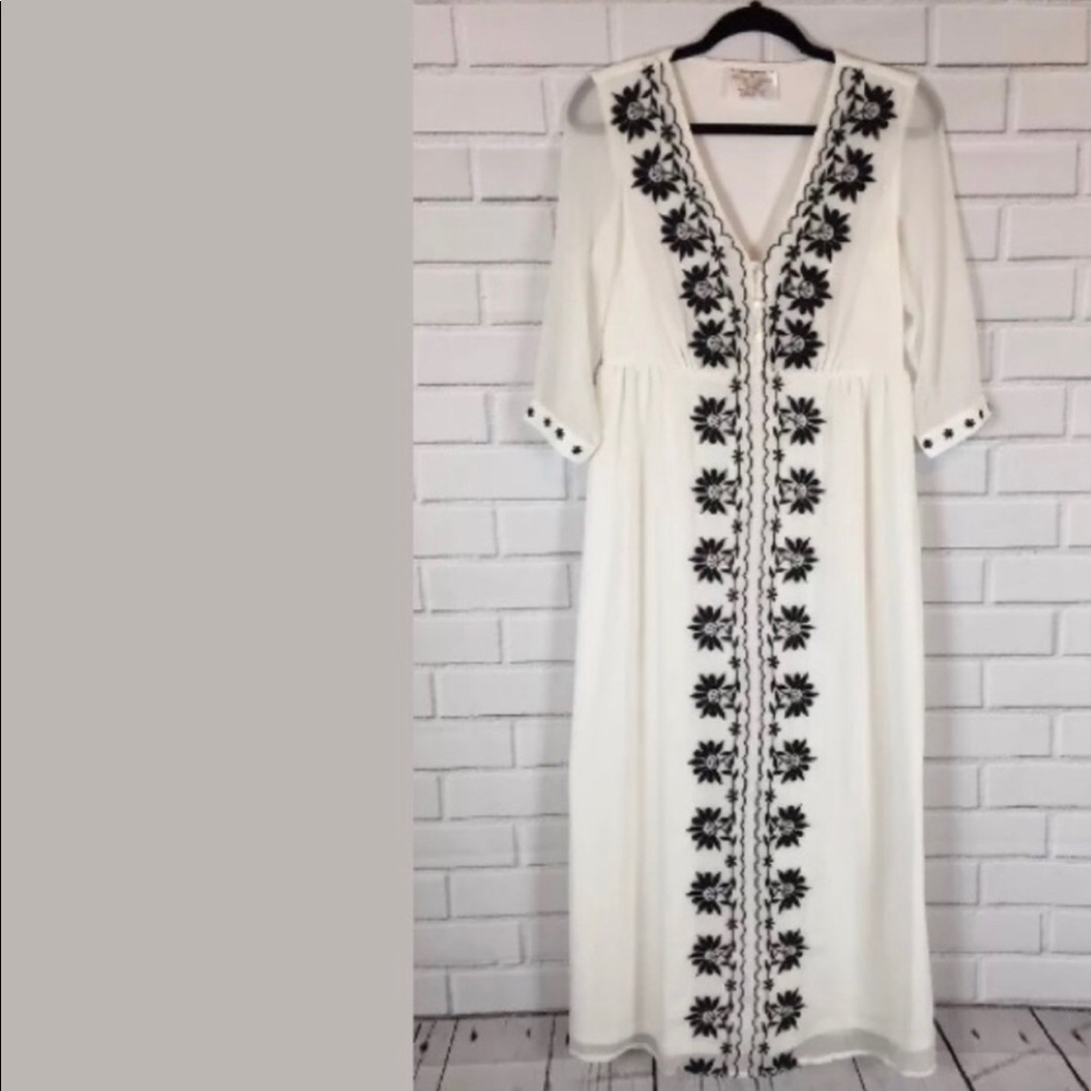 White with black floral embroidered dress